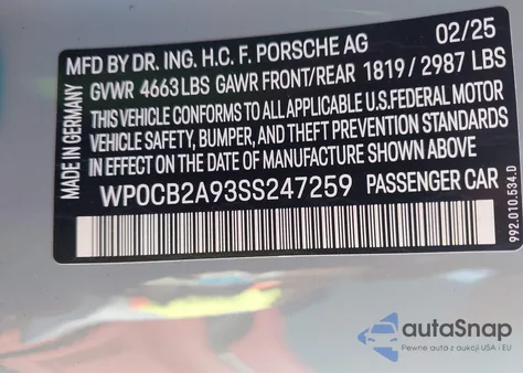 2025 Porsche 911 Carrera 4 Gts /Carrera Gts из США, поврежденный, VIN WP0CB2A93SS247259